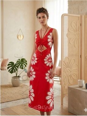 Farm Rio Red Ainika Shell Floral Linen Cutout Midi Dress NWT Large